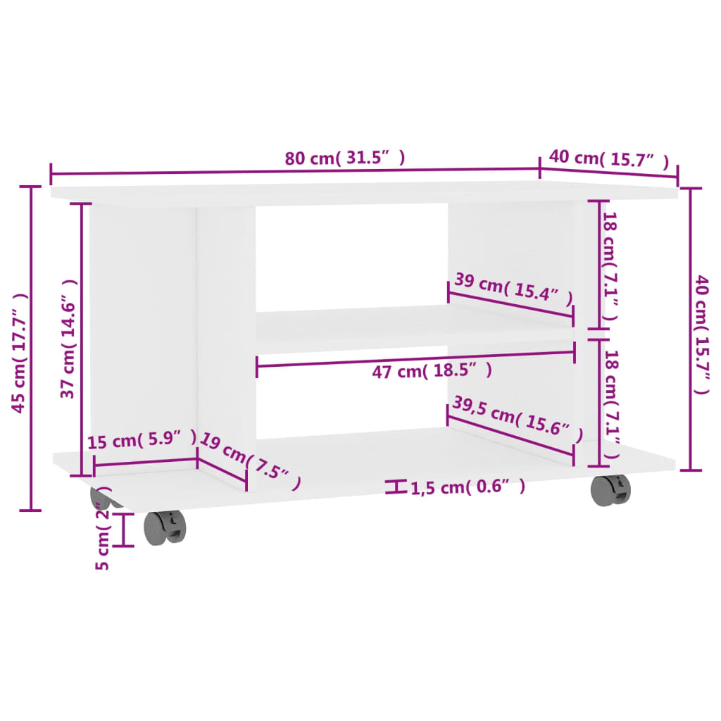 Tv-meubel met wieltjes 80x40x45 cm bewerkt hout wit