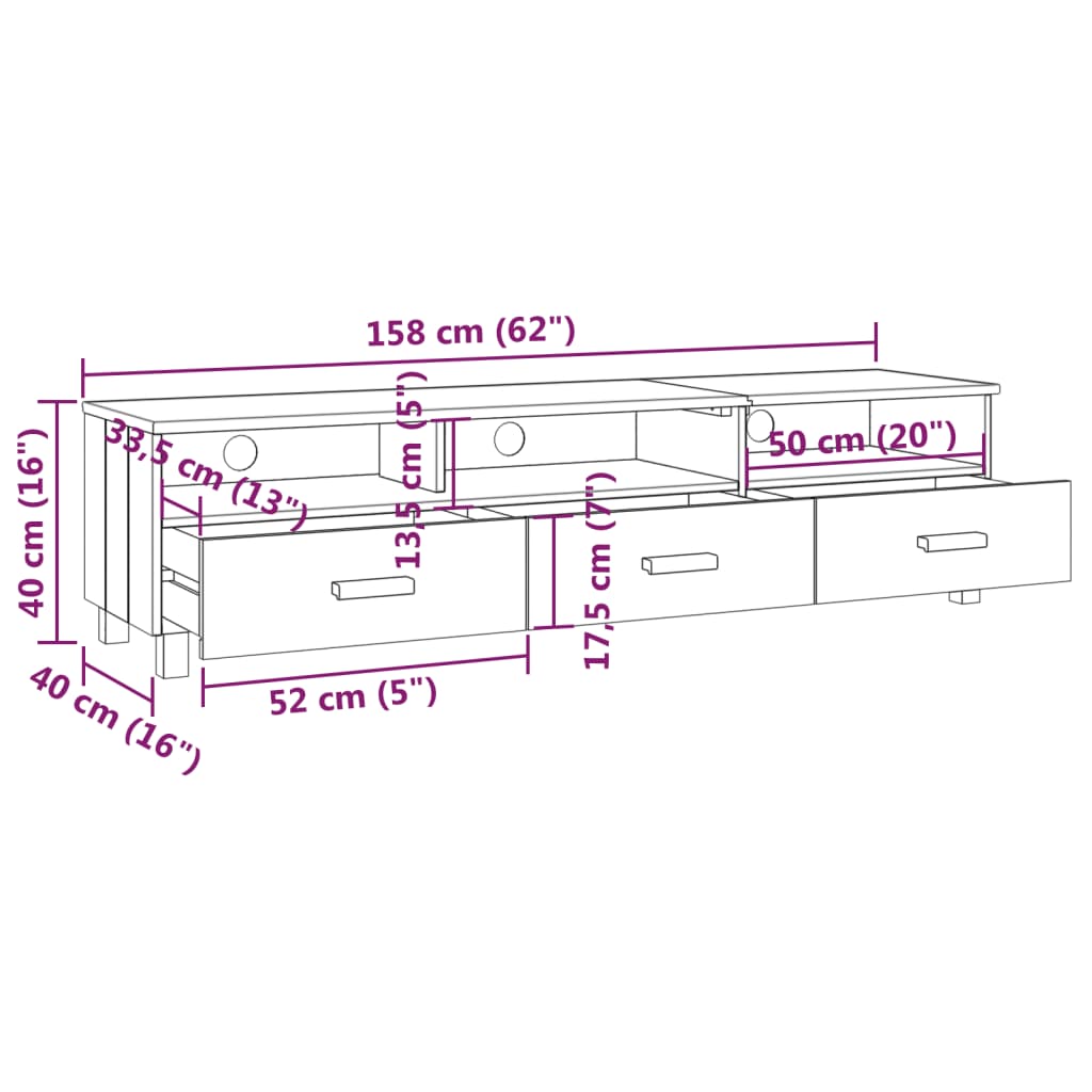 Tv-meubel HAMAR 158x40x40 cm massief grenenhout lichtgrijs