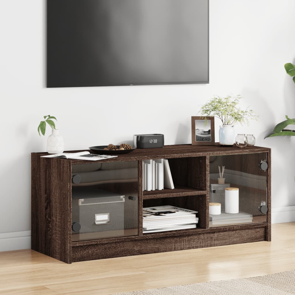 Tv-meubel met glazen deuren 102x37x42 cm bruin eikenkleur