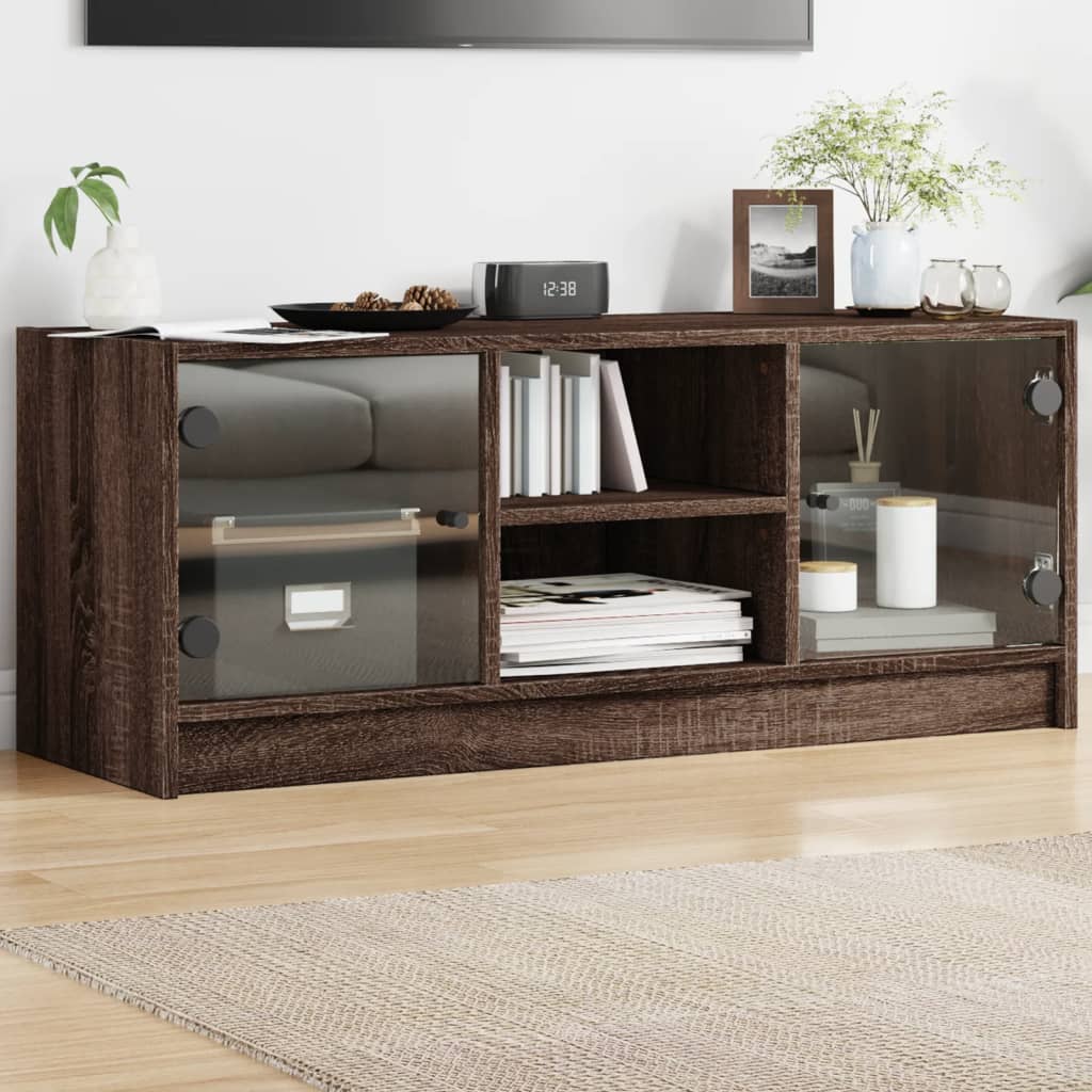 Tv-meubel met glazen deuren 102x37x42 cm bruin eikenkleur