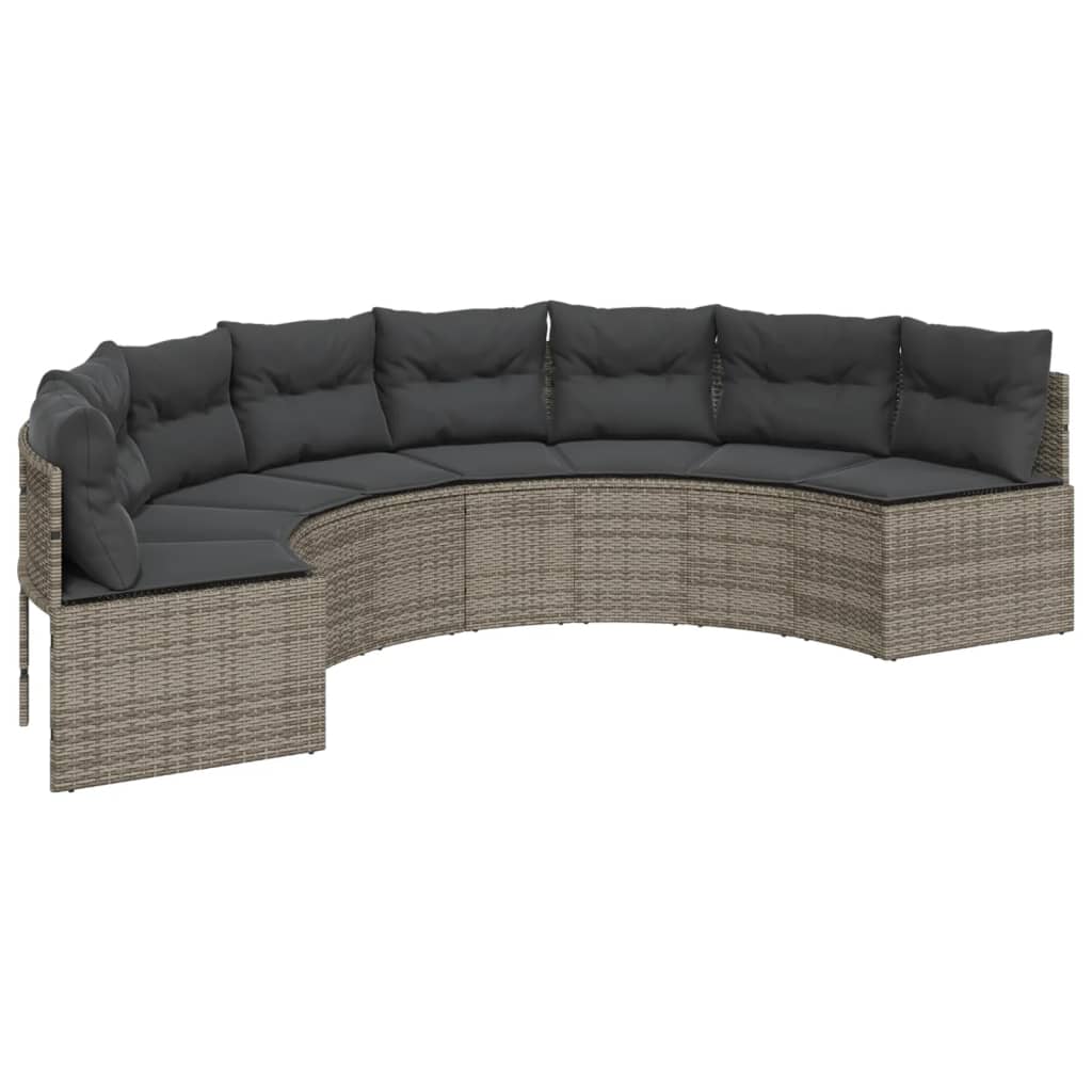 Tuinbank met kussens halfrond poly rattan grijs