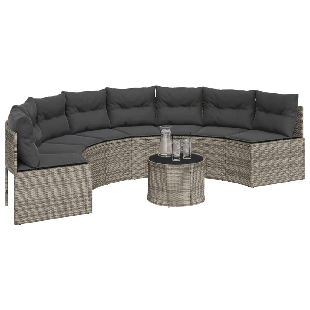 Tuinbank met kussens halfrond poly rattan grijs
